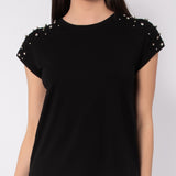 T-shirt in viscosa e cotone con strass e perle - NERO - TS15