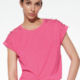 T-shirt in viscosa e cotone con strass e perle - FUXIA - TS15