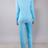 Pigiama Serafino Lungo in Viscosa e Pizzo - AZZURRO - PR11