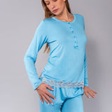 Pigiama Serafino Lungo in Viscosa e Pizzo - AZZURRO - PR11