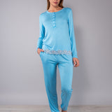 Pigiama Serafino Lungo in Viscosa e Pizzo - AZZURRO - PR11