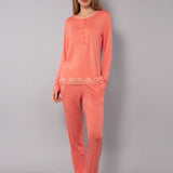 Pigiama Serafino Lungo in Viscosa e Pizzo - PESCA - PR11