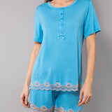 Pigiama Serafino Corto in Viscosa e Pizzo - AZZURRO - PR12