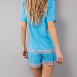 Pigiama Serafino Corto in Viscosa e Pizzo - AZZURRO - PR12