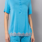 Pigiama Serafino Corto in Viscosa e Pizzo - AZZURRO - PR12