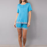 Pigiama Serafino Corto in Viscosa e Pizzo - AZZURRO - PR12