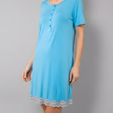 Camicia da Notte Serafino Corta in Viscosa e Pizzo - AZZURRO - PR26