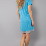 Camicia da Notte Serafino Corta in Viscosa e Pizzo - AZZURRO - PR26