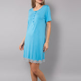 Camicia da Notte Serafino Corta in Viscosa e Pizzo - AZZURRO - PR26