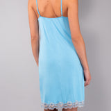 Camicia da Notte Corta Spallina in Viscosa e Pizzo - AZZURRO - PR29