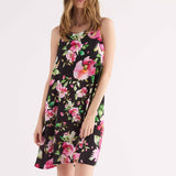 Abito Corto Smanicato con Stampa Floreale - NERO - FF80