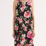 Abito Corto Smanicato con Stampa Floreale - NERO - FF80