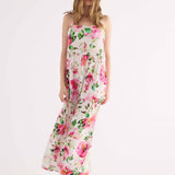 Abito Lungo a Balze con Stampa Floreale - BIANCO - FF82