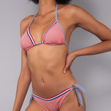 Bikini Triangolo Imbottito e Slip Annodato Righe - ROSSO - TE00