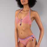 Bikini Francese Imbottito e Slip Laccetti Righe - ROSSO - TE05