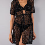 Kaftano Corto Pizzo e Strass - NERO - MO70